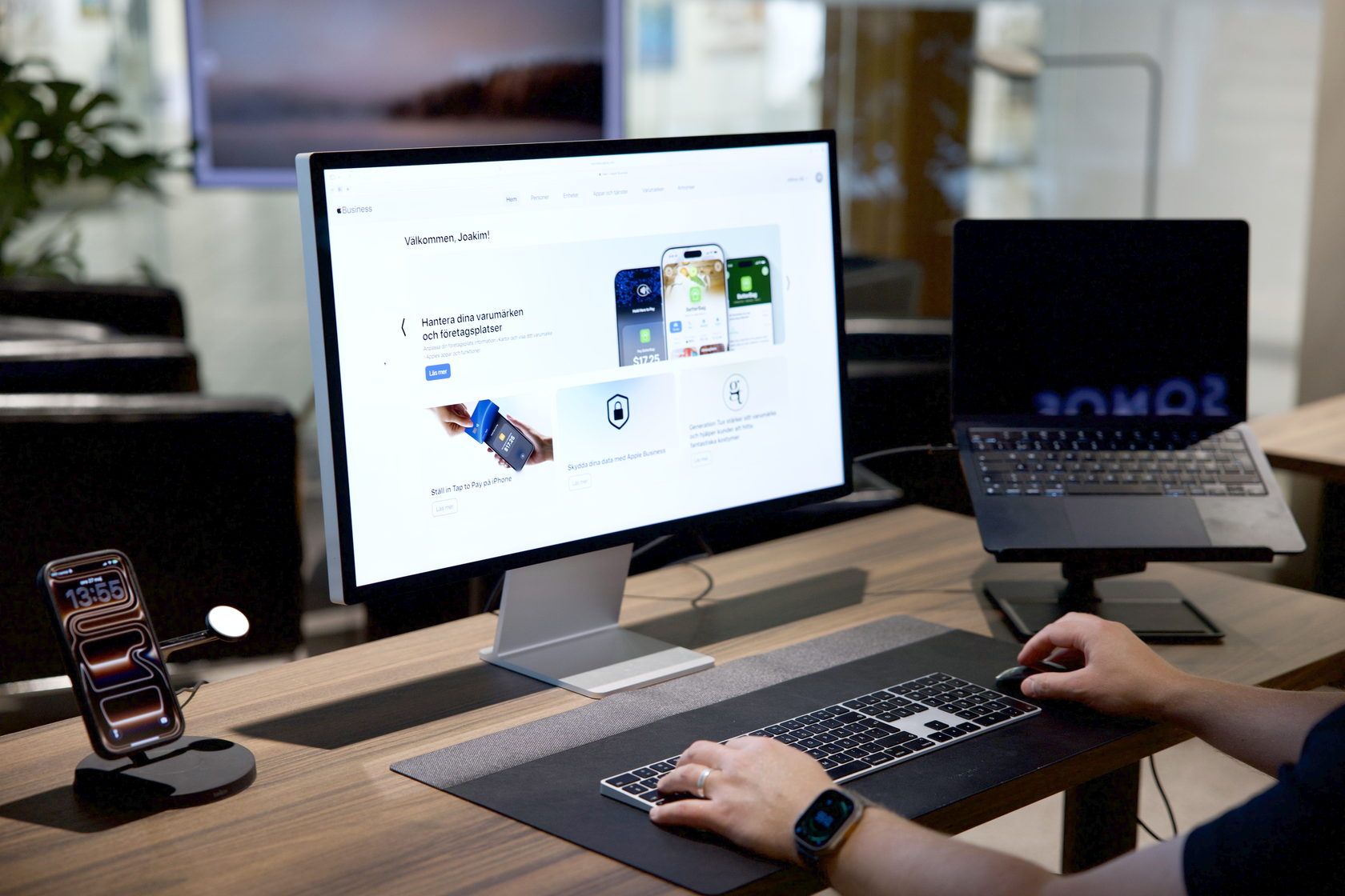 Apple Business-portalen med organisationens varumärken och platser på en Mac