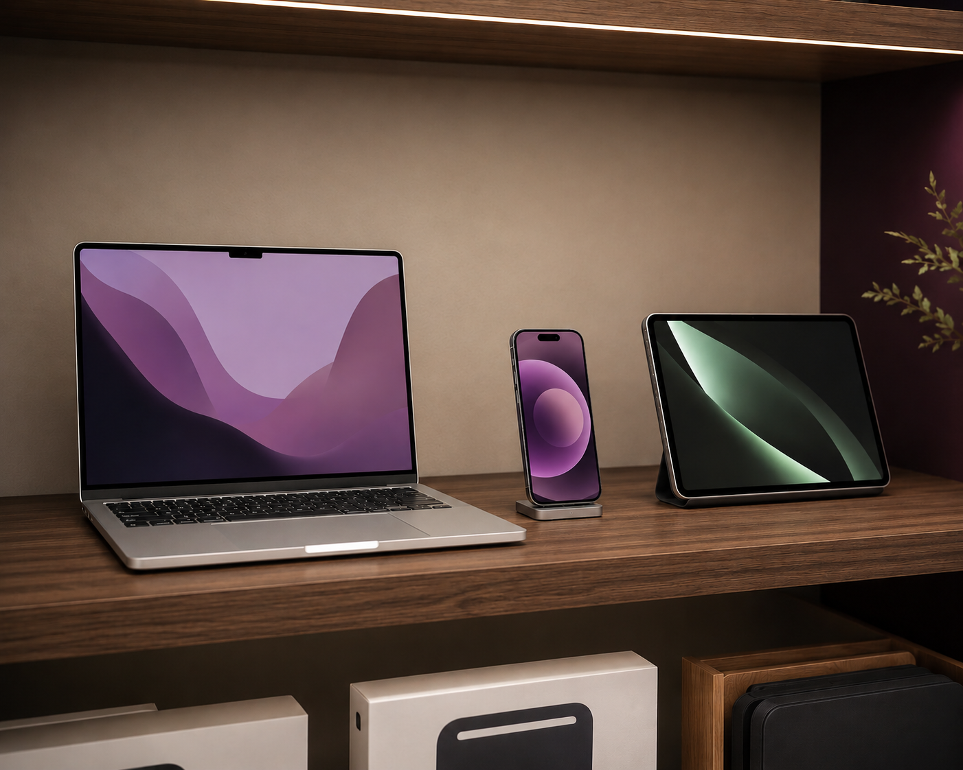 Mac, iPhone och iPad uppställda i Attimos butik