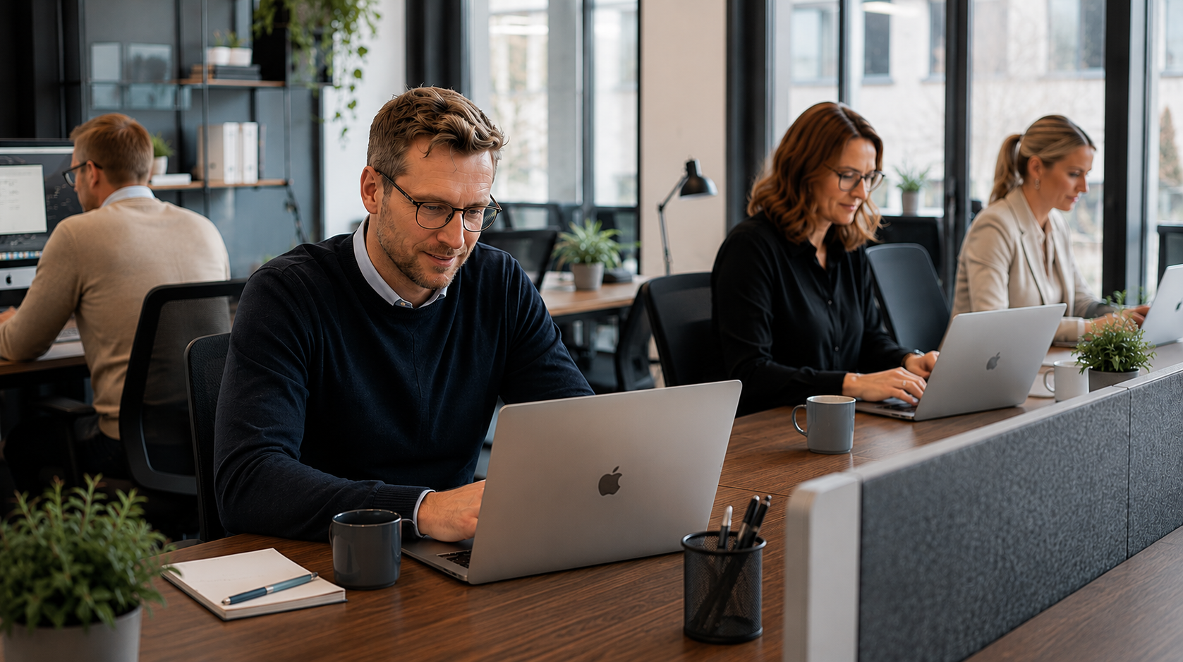 Medarbetare som arbetar på hyrda MacBook-datorer på ett kontor