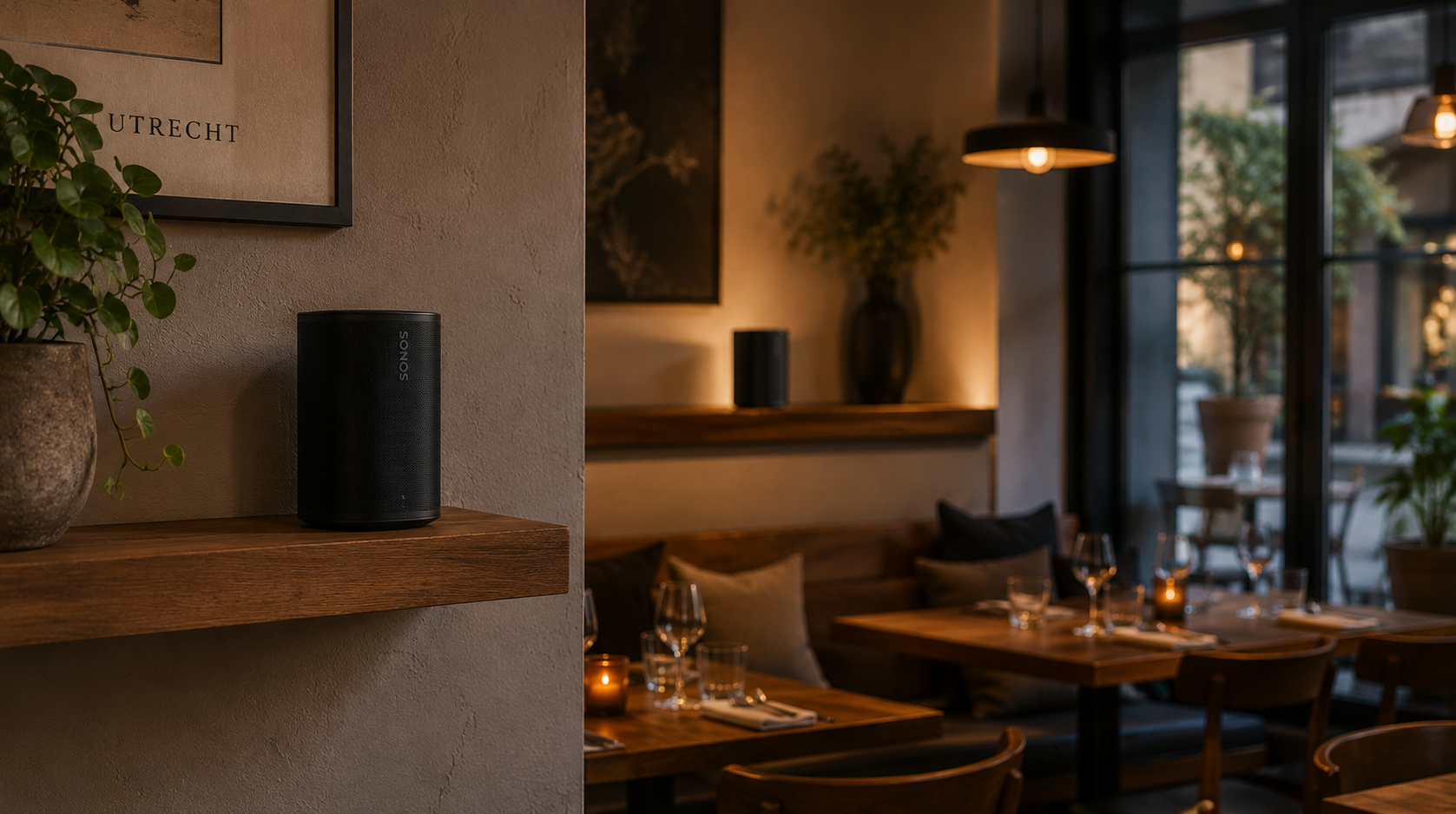 Sonos-högtalare installerade i en restaurangmiljö