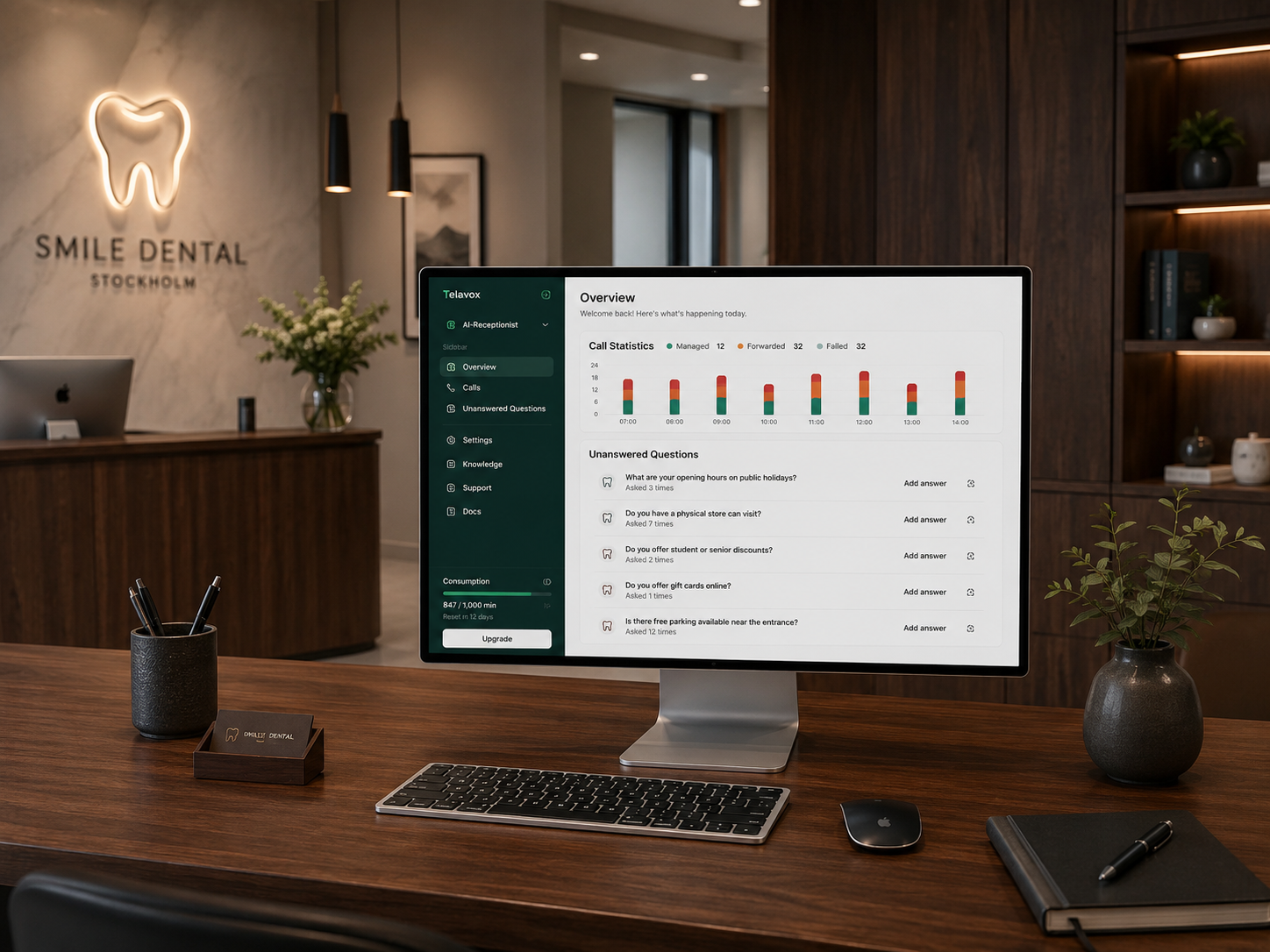 Telavox AI-receptionist med samtalsstatistik och obesvarade frågor